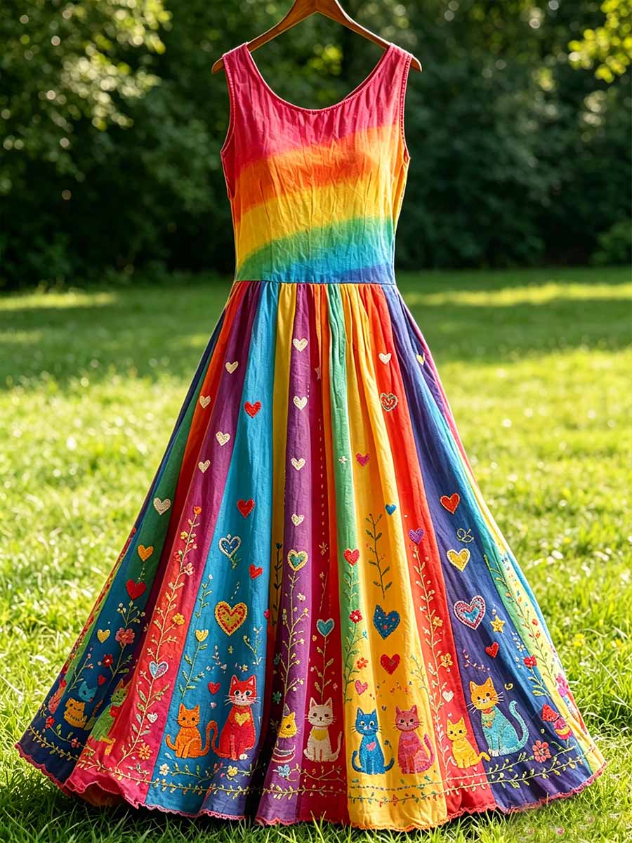 Women's Rainbow Floral Art Printed Dress