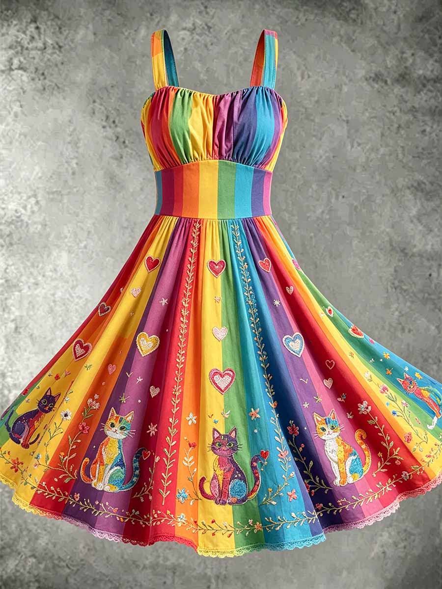 Women's Rainbow Floral Art Printed Dress