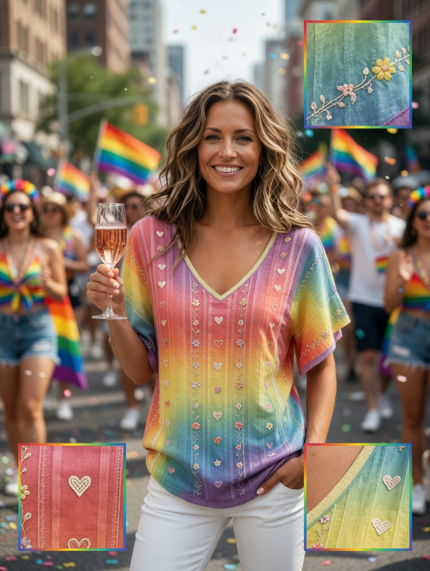 Women's Rainbow Floral Art Printed T-Shirt