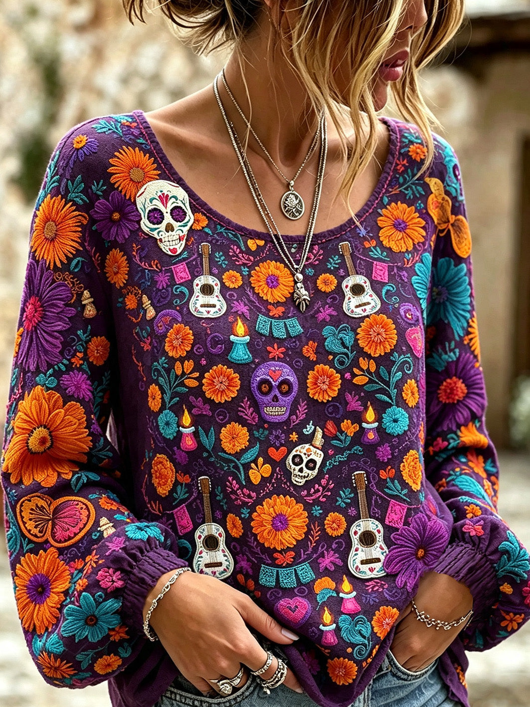 Women's skull and plant flower pattern printed casual cotton and linen shirt