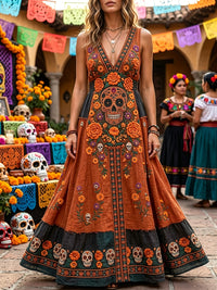 Women's Day of the Dead Sugar Skull Mexican Floral Print V Neck Maxi Dress