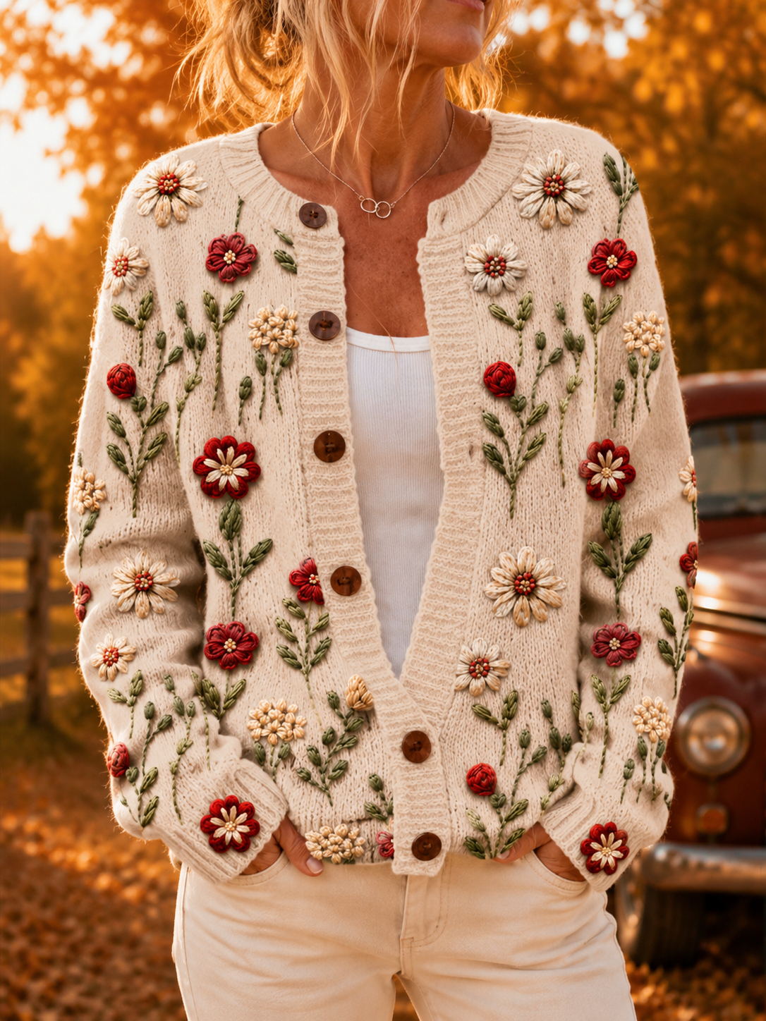 Women's Retro Autumn Art Print Cardigan Knit Sweater