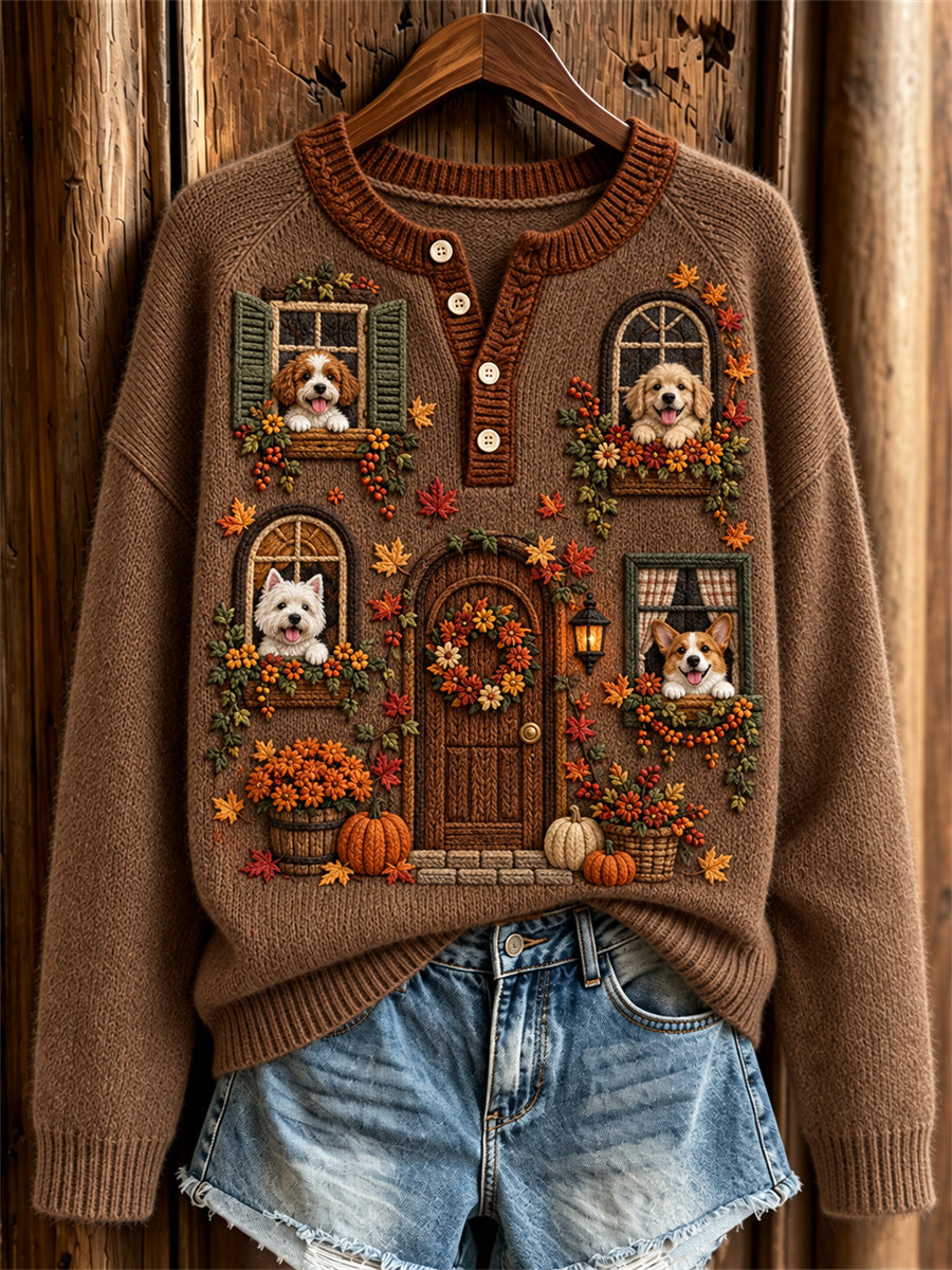 Women‘s Fall House & Peeking Dogs Inspired Print Cozy Henley Sweater