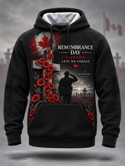 Men's Lest We Forget Canada Remembrance Day Poppy Print Hoodie