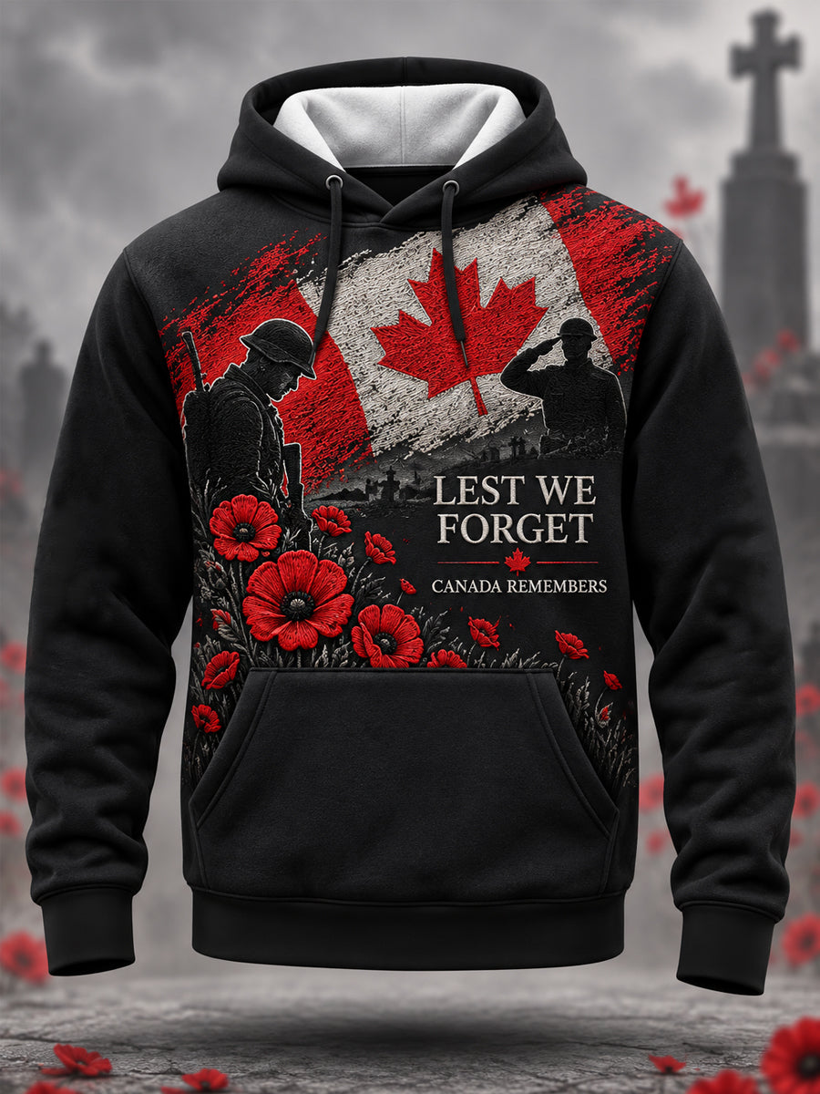 Men's Lest We Forget Canada Remembrance Day Poppy Print Hoodie