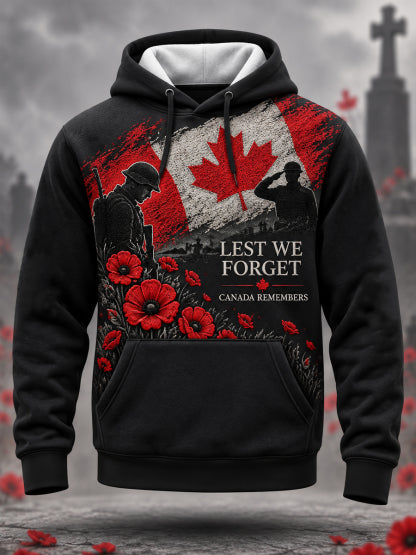 Men's Lest We Forget Canada Remembrance Day Poppy Print Hoodie