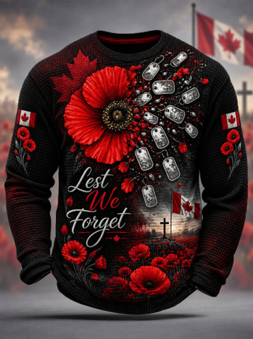 Men's Lest We Forget Canada Remembrance Day Poppy Print Waffle Long Sleeve T-Shirt