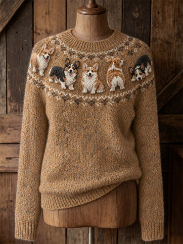 Women's Vintage Lovely Corgi Dogs Yoke Isle Print crew neck sweater