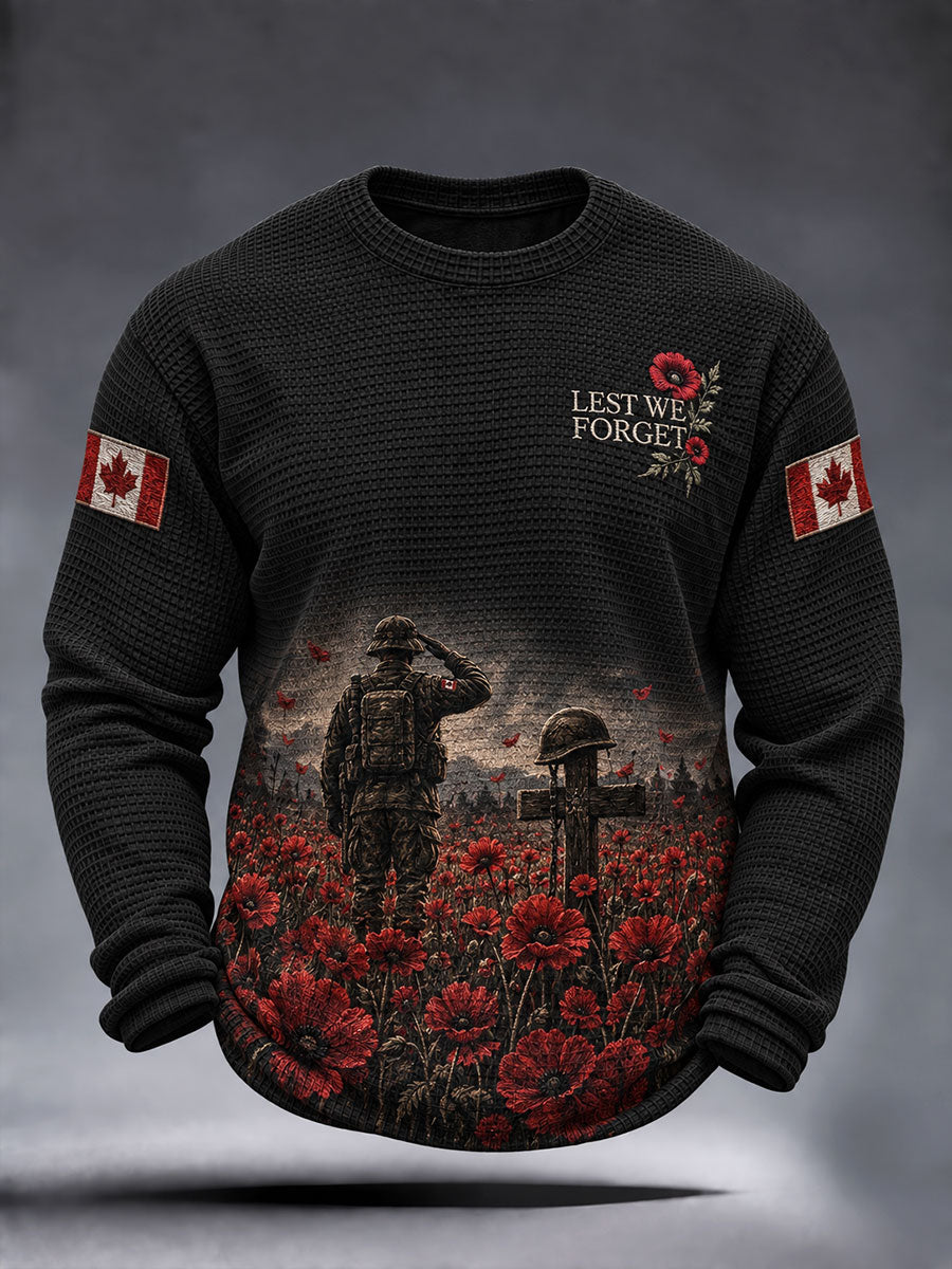 Men's Lest We Forget Canada Remembrance Day Poppy Print Waffle Long Sleeve T-Shirt