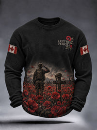 Men's Lest We Forget Canada Remembrance Day Poppy Print Waffle Long Sleeve T-Shirt