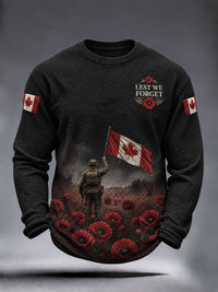 Men's Lest We Forget Canada Remembrance Day Poppy Print Waffle Long Sleeve T-Shirt
