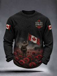 Men's Lest We Forget Canada Remembrance Day Poppy Print Waffle Long Sleeve T-Shirt