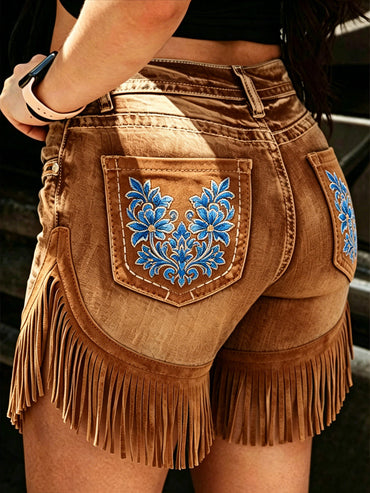 Women's Retro Floral Art Print Casual Leather Fringe Patchwork Pocket Shorts