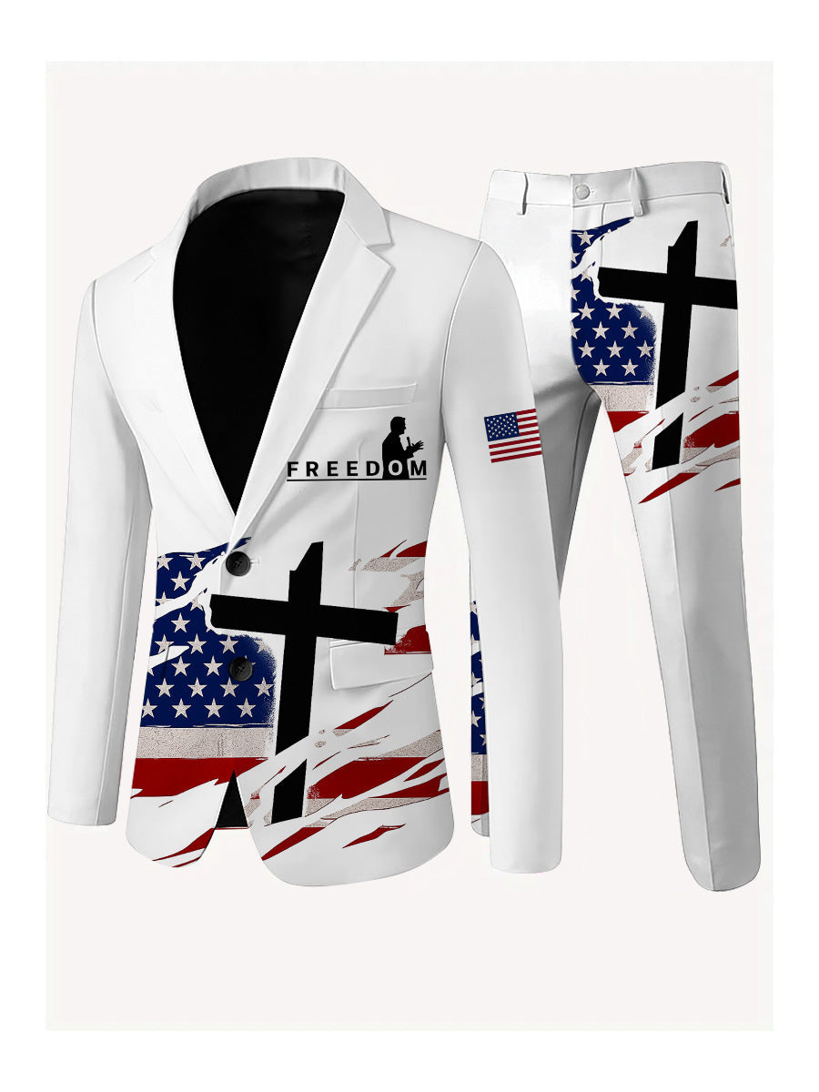 Men's Freedom American Flag Print Casual Jacket Trousers Two-Piece Suits