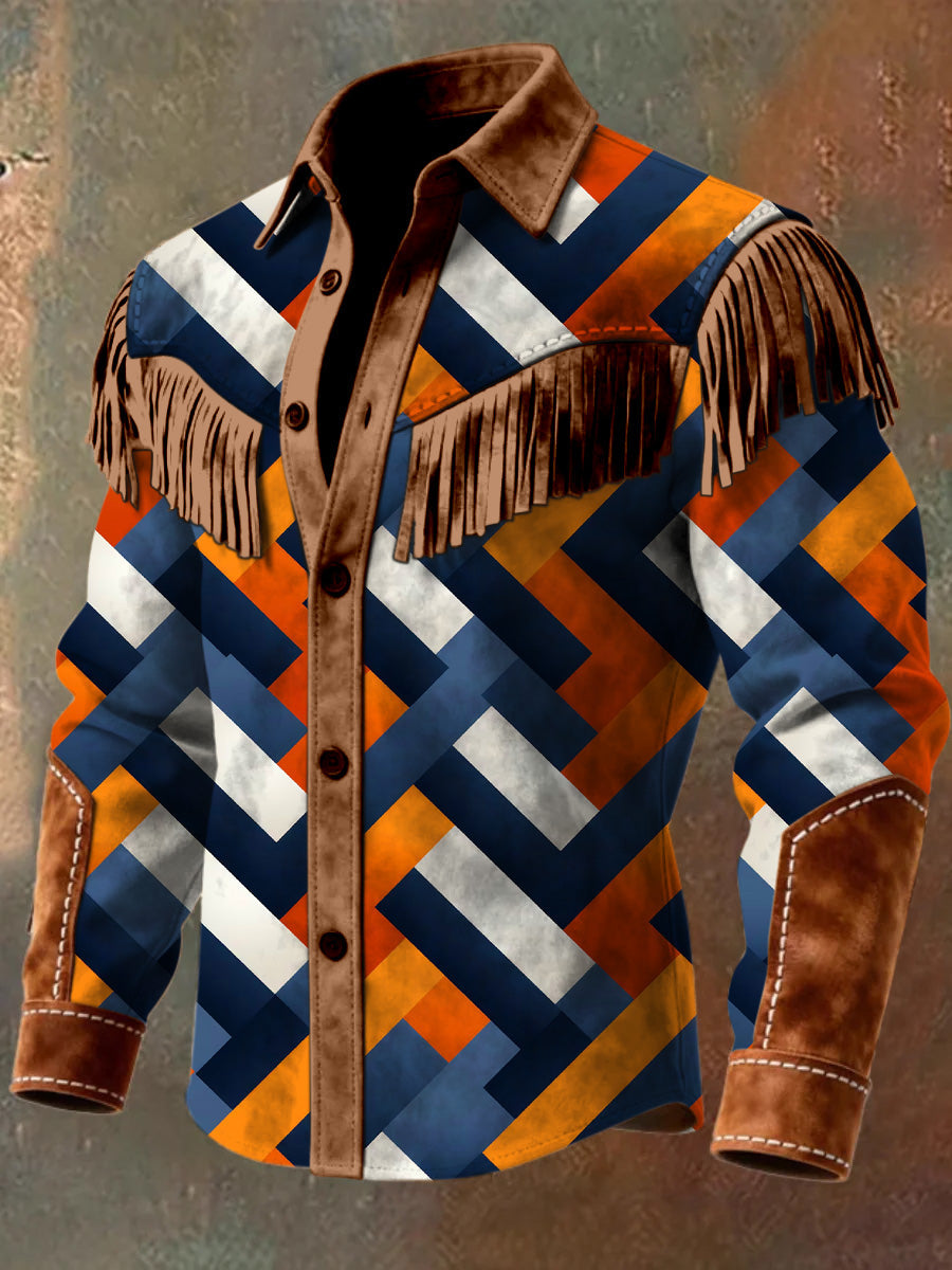 Men's Retro Western Style Art Print Vintage Tassel Casual Long Sleeve Shirt