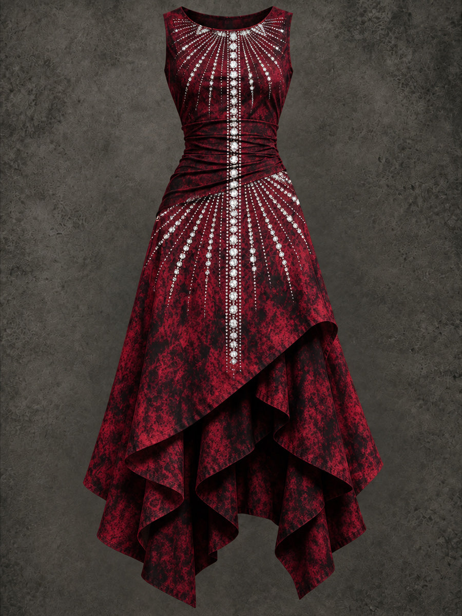 Retro Art Printed Vintage Sleeveless Irregularly Layered Stitched Midi Dress