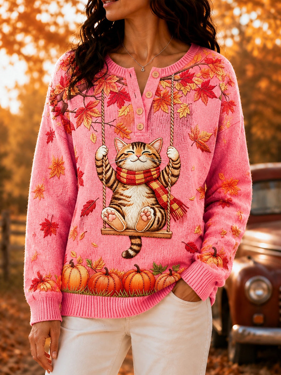 Women's Retro Autumn Art Print Knit Sweater