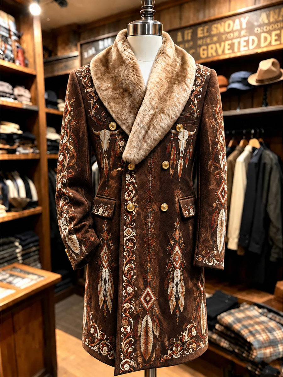 Men's Christmas Art Print Fur Shawl Collar Double Breasted Long Overcoat