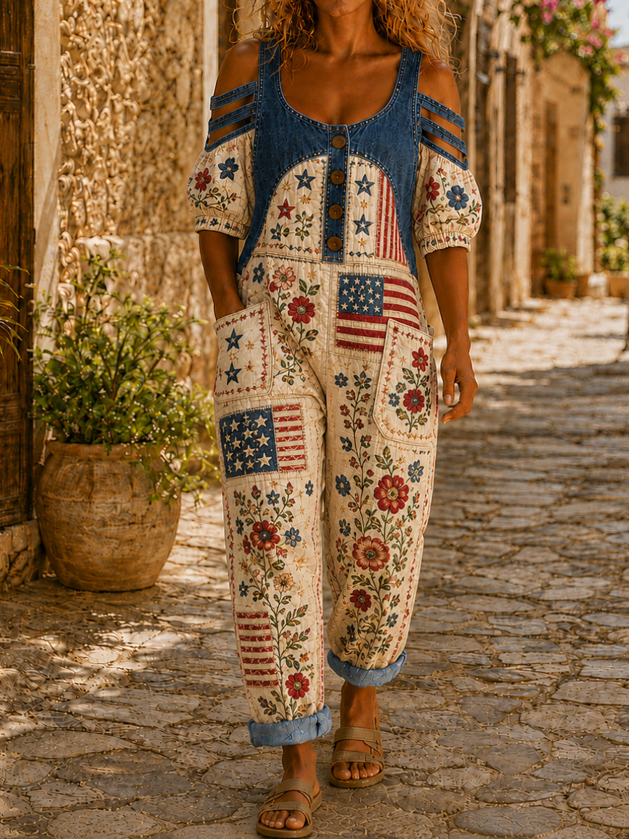 Women's American Style Short Sleeve Denim Patchwork Jumpsuit