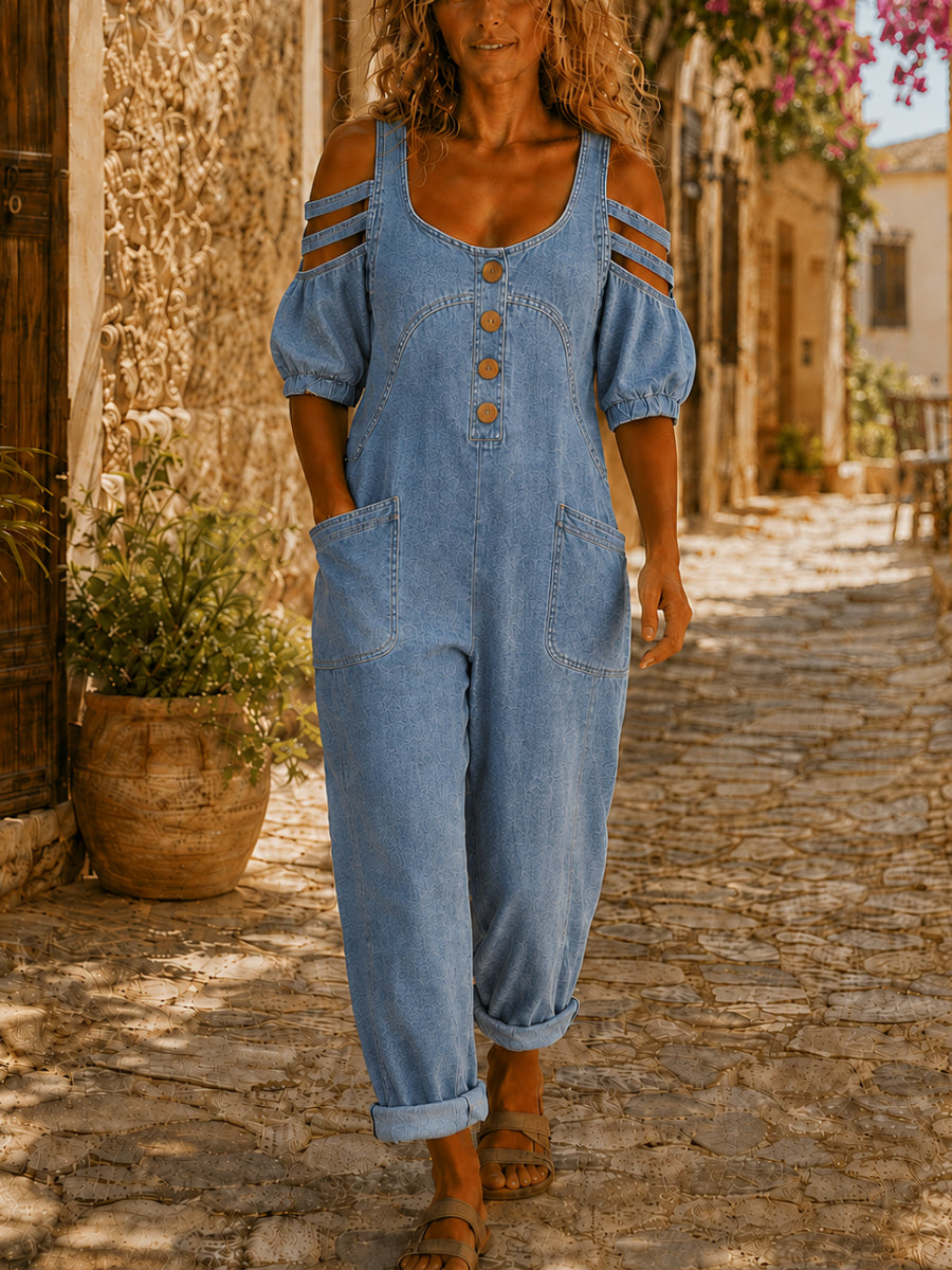 Women's Casual Short Sleeve Denim Patchwork Jumpsuit