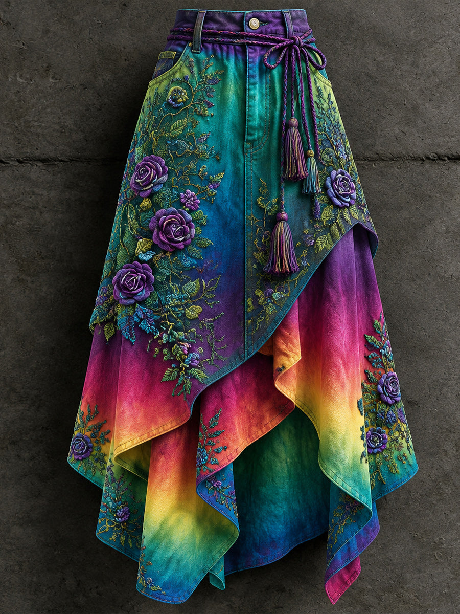Women's Retro Style Art Print Irregularly Layered Stitched Skirt