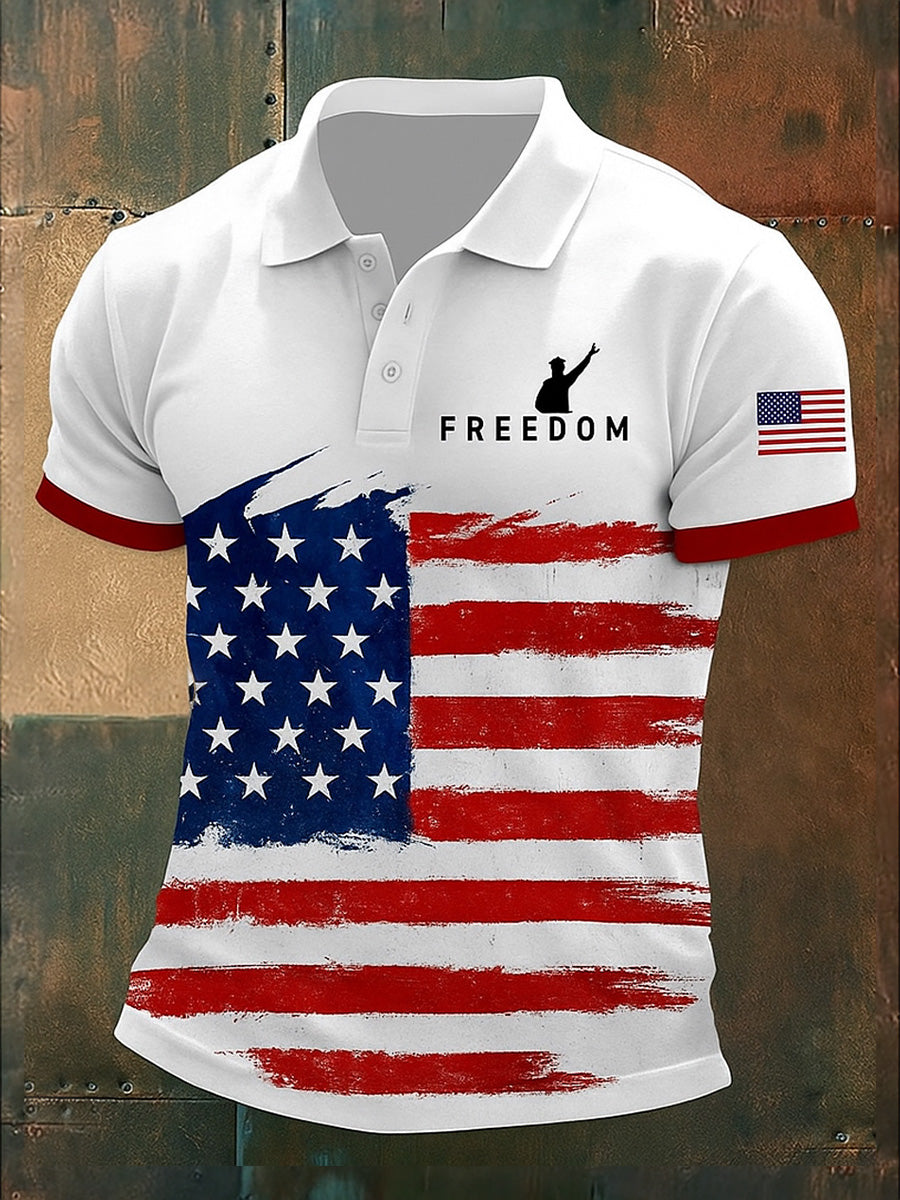 Men's Freedom American Flag Print Retro Round Neck Short Sleeves Polo Shirt