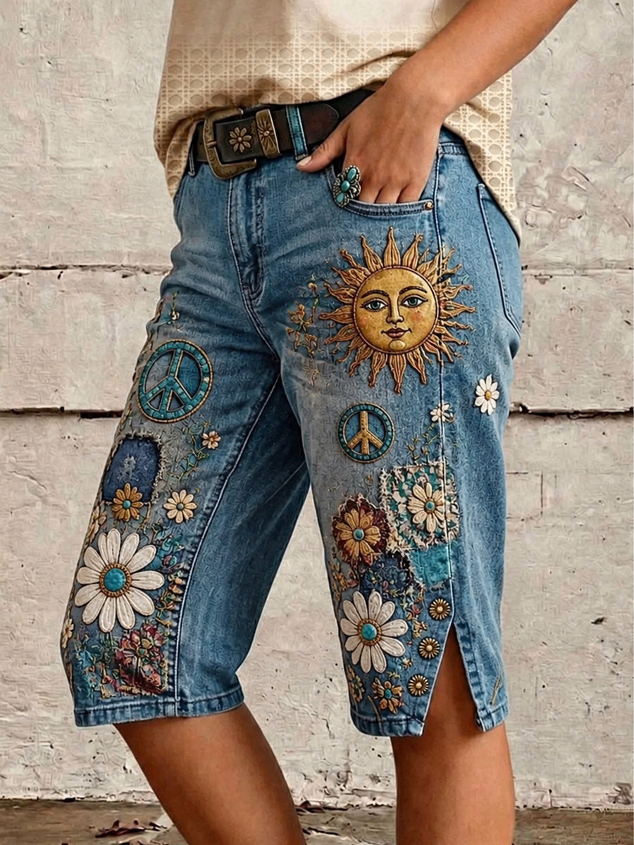 Retro Style Floral Art Print Vintage Casual Denim Shorts
