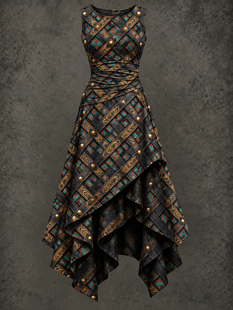 Retro Art Printed Vintage Sleeveless Irregularly Layered Stitched Midi Dress