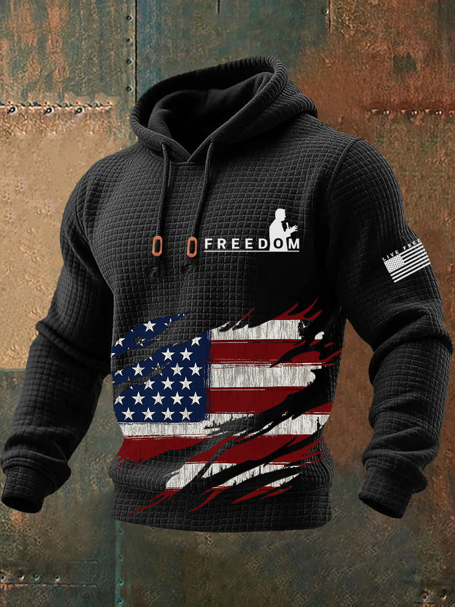 Men's Freedom American Flag Print Retro Casual Plush Inner Liner Hooded Long Sleeves Sweatshirt