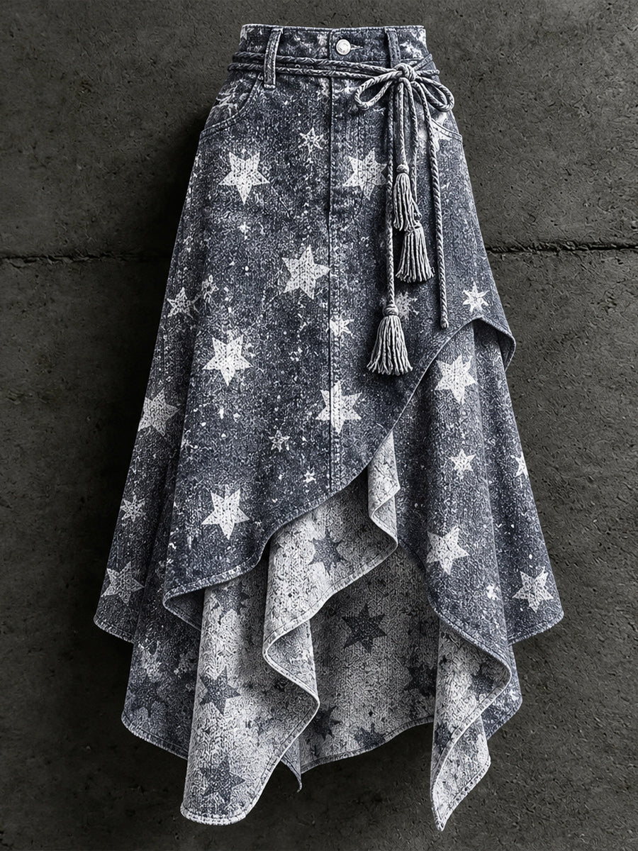 Women's Retro Style Art Print Irregularly Layered Stitched Skirt