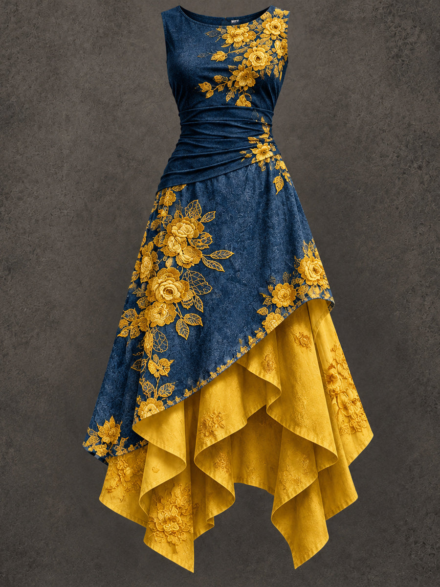 Retro Art Printed Vintage Sleeveless Irregularly Layered Stitched Midi Dress