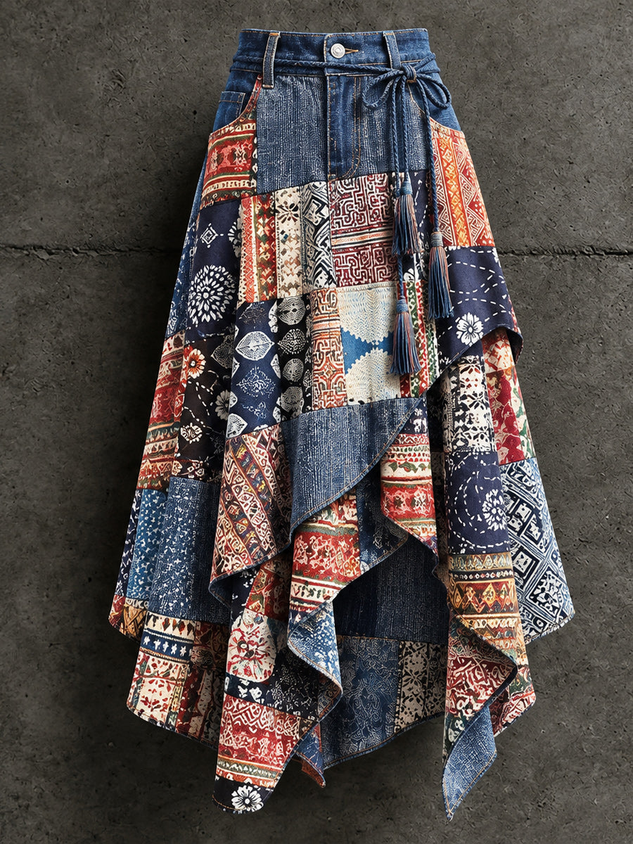 Women's Retro Style Art Print Irregularly Layered Stitched Skirt