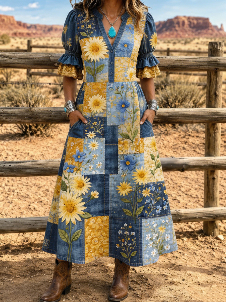 Women's Retro Hippy Art Print Washed Cotton Lace Patchwork Midi Dress