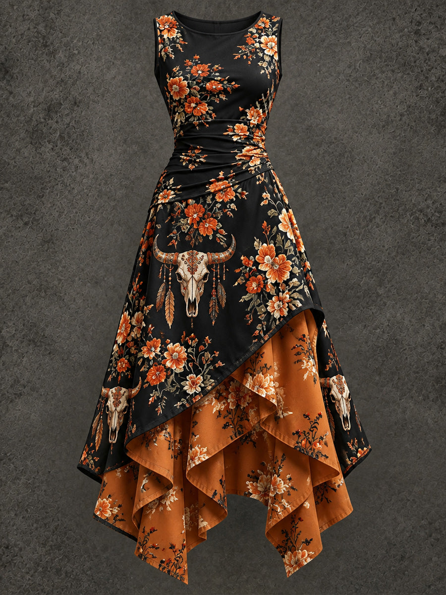 Retro Art Printed Vintage Sleeveless Irregularly Layered Stitched Midi Dress