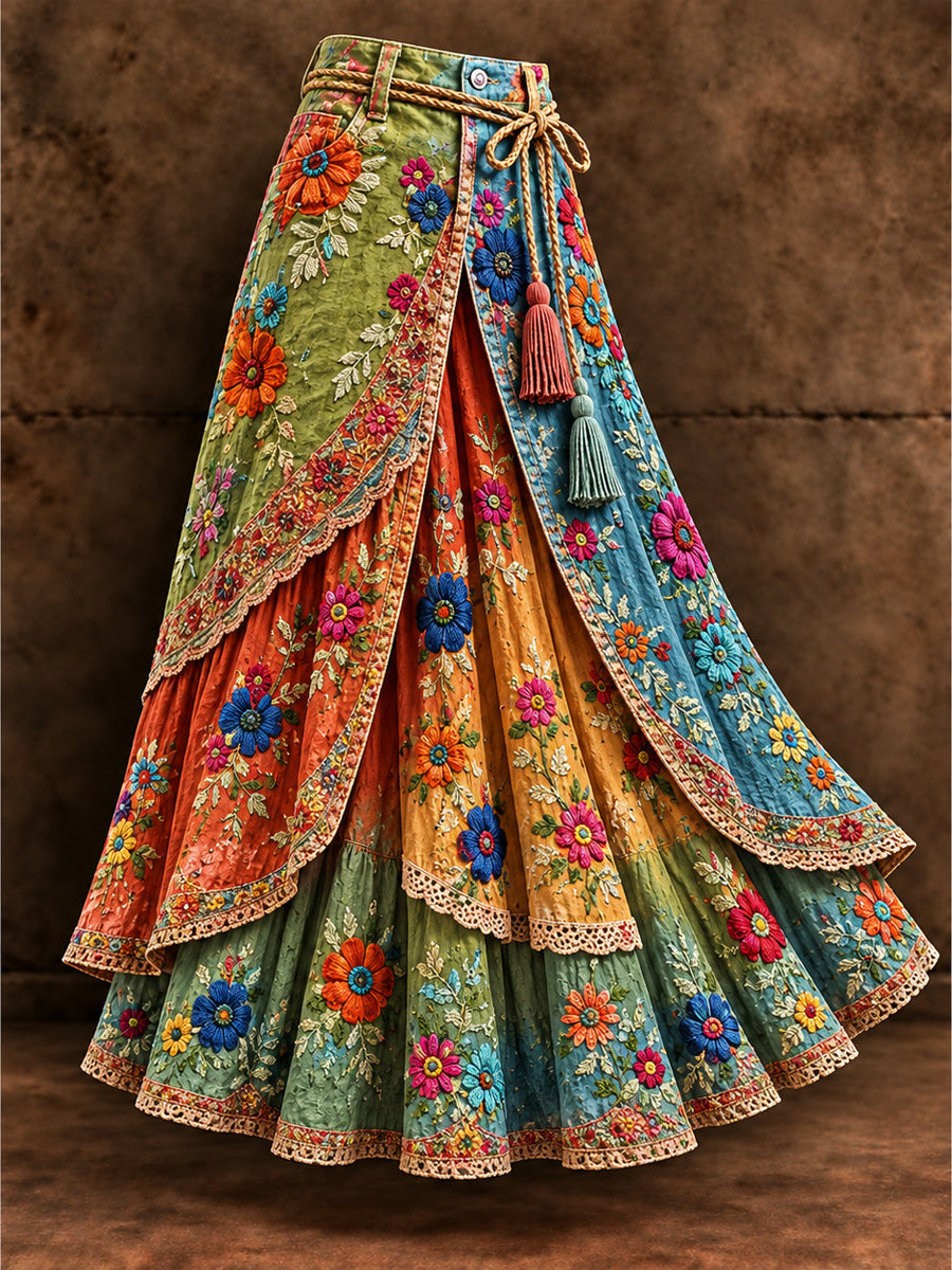 Women's Vintage Floral Asymmetrical Midi Skirt