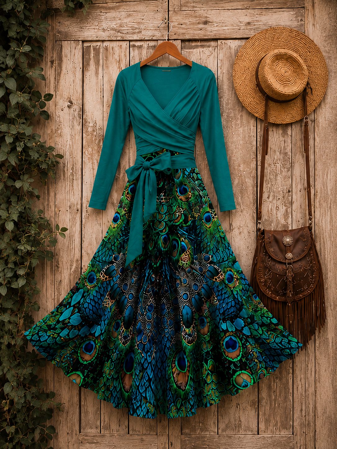 Peacock Art Print Vintage Long Sleeve Midi Dress