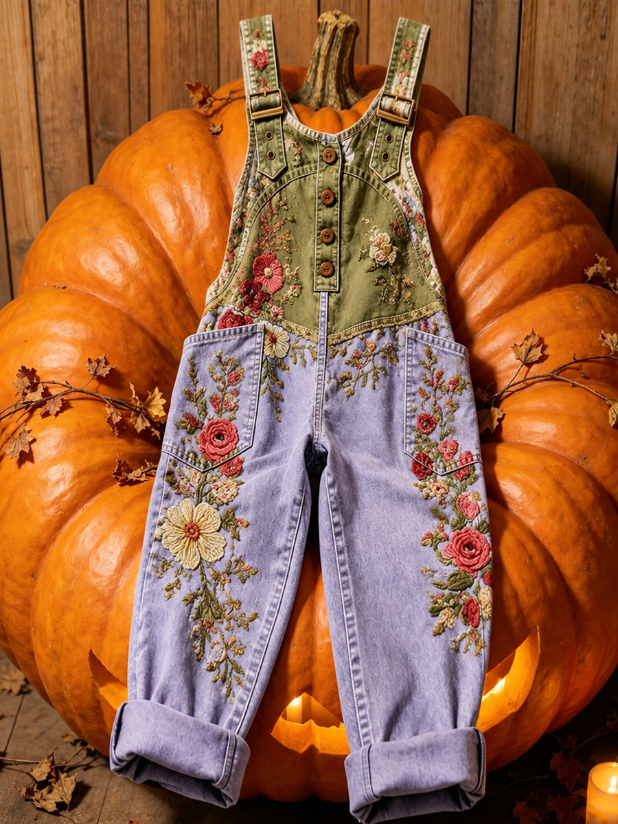 Women's Retro Autumn Style Art Print Washed Cotton Denim Patchwork Jumpsuit
