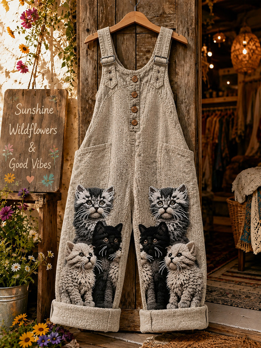 Women's Retro Style Art Print Washed Cotton Denim Patchwork Jumpsuit