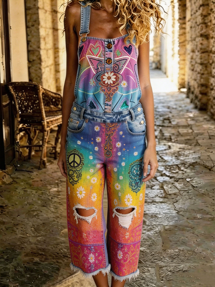 Women's Retro Style Art Print Washed Cotton Denim Patchwork Jumpsuit