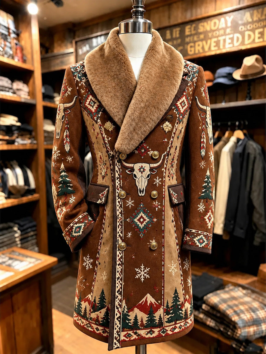 Men's Christmas Art Print Fur Shawl Collar Double Breasted Long Overcoat