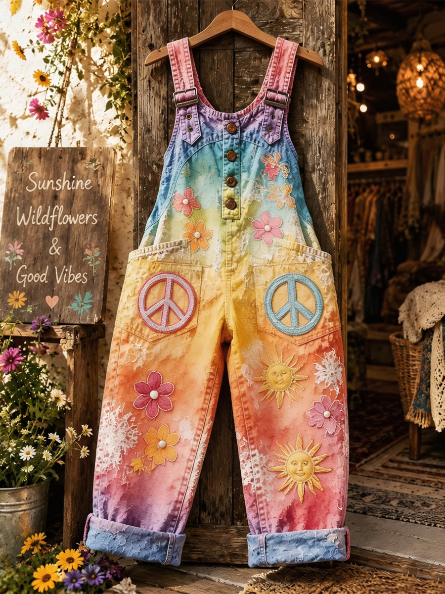 Women's Retro Style Art Print Washed Cotton Denim Patchwork Jumpsuit