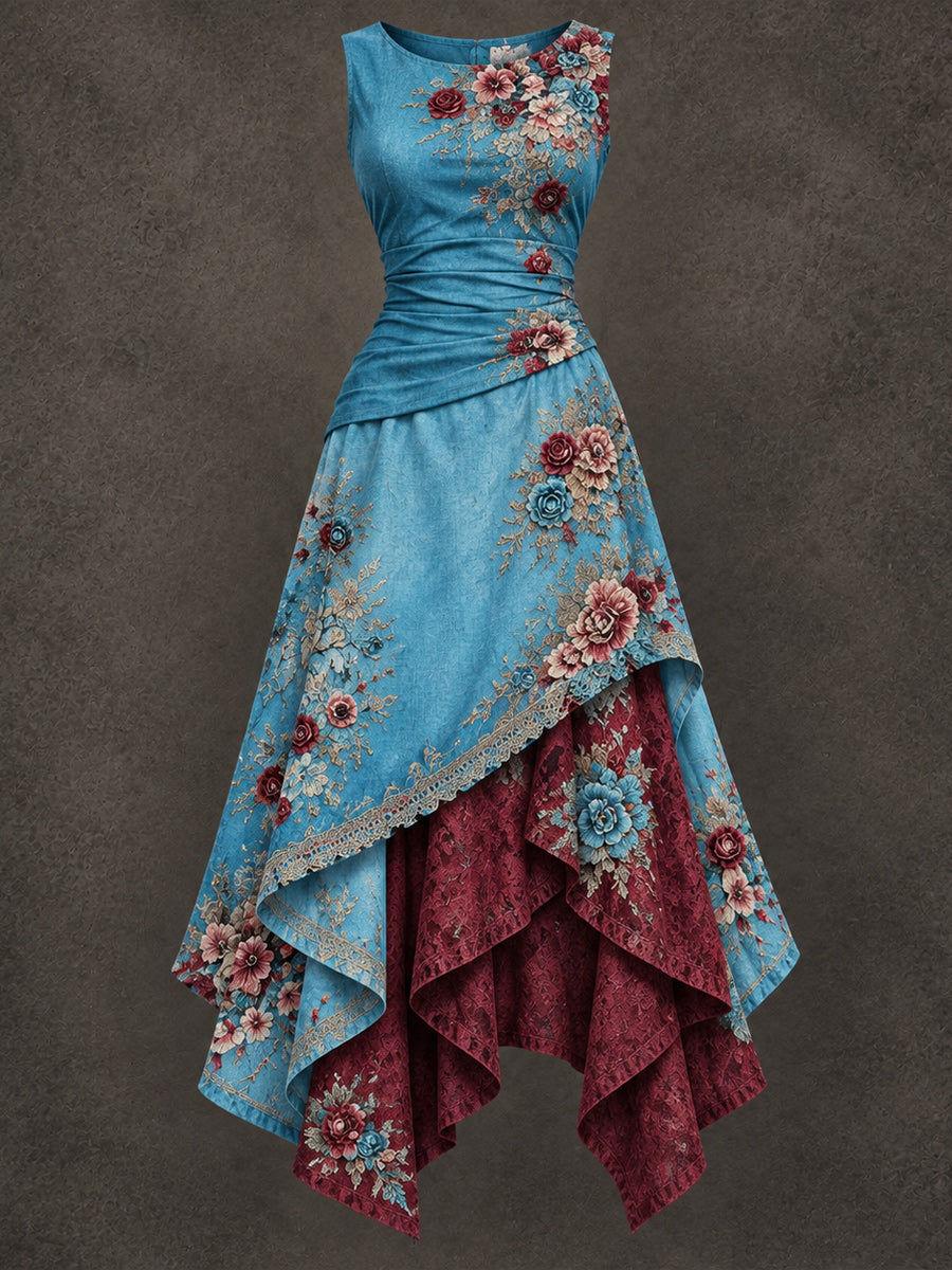 Retro Art Printed Vintage Sleeveless Irregularly Layered Stitched Midi Dress