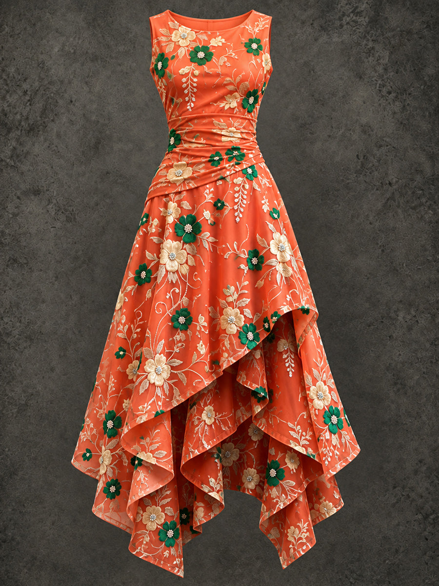 Retro Art Printed Vintage Sleeveless Irregularly Layered Stitched Midi Dress