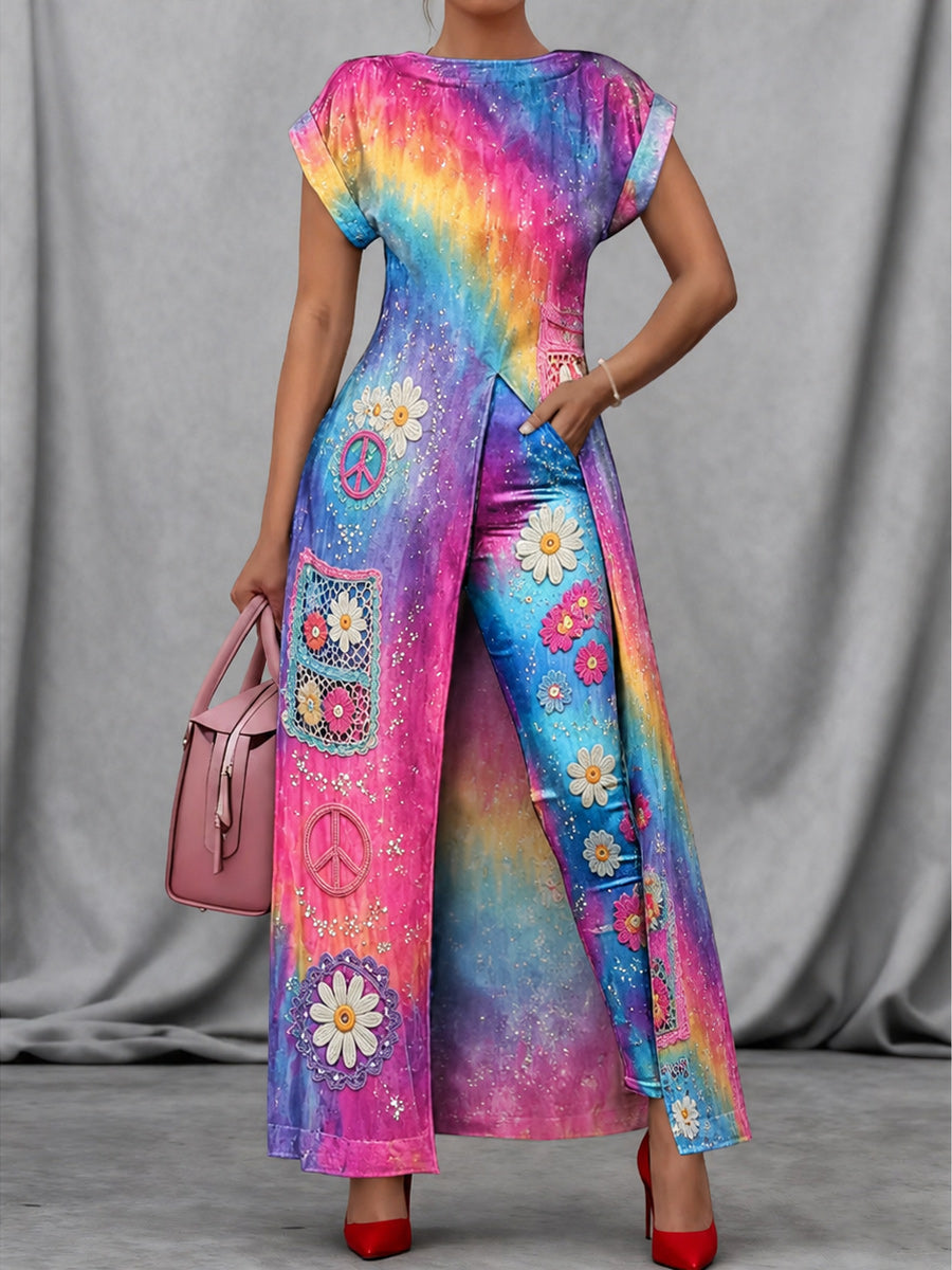 Retro Style Art Print Vintage Long Split Shirts Dress Skinny Pants Two-Piece Set