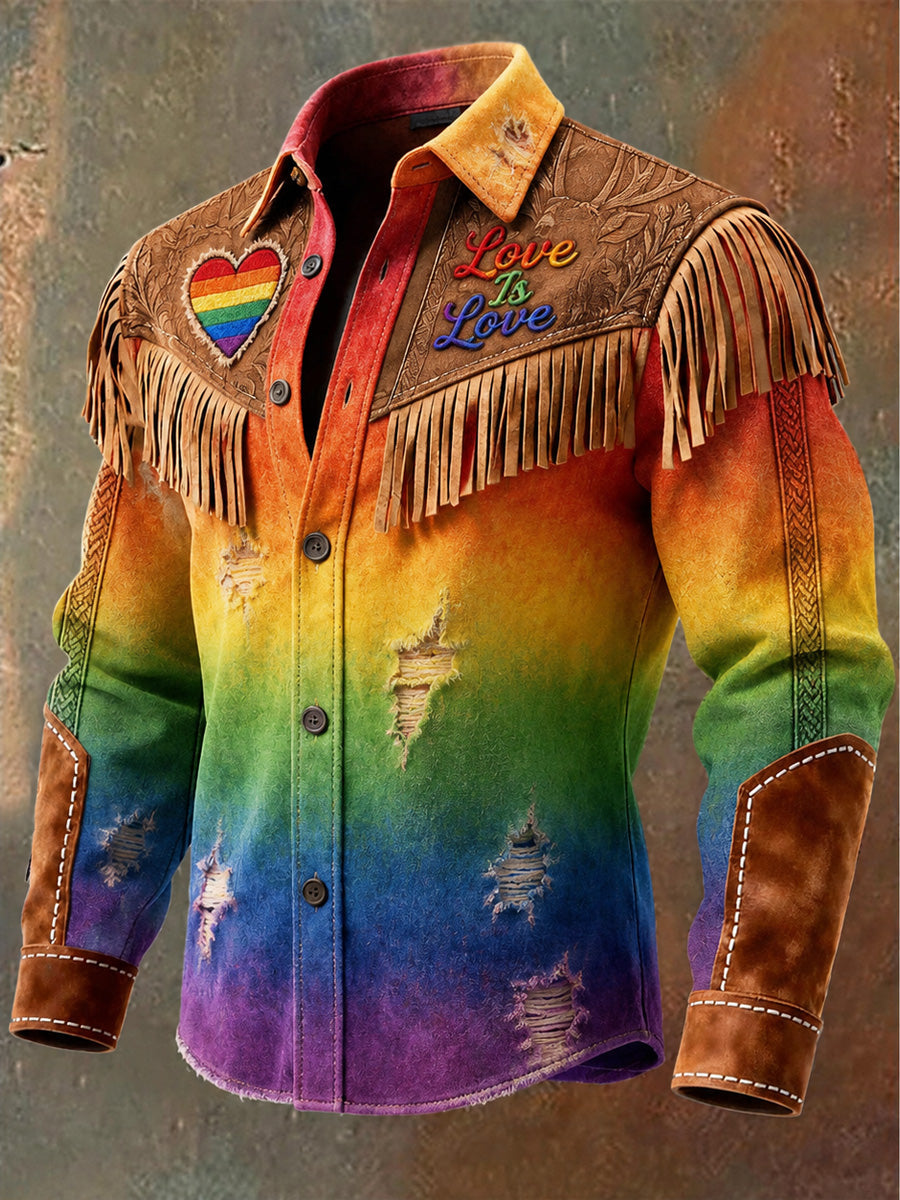 Men's Retro Pride Month Rainbow Art Print Western Vintage Tassel Casual Long Sleeve Shirt