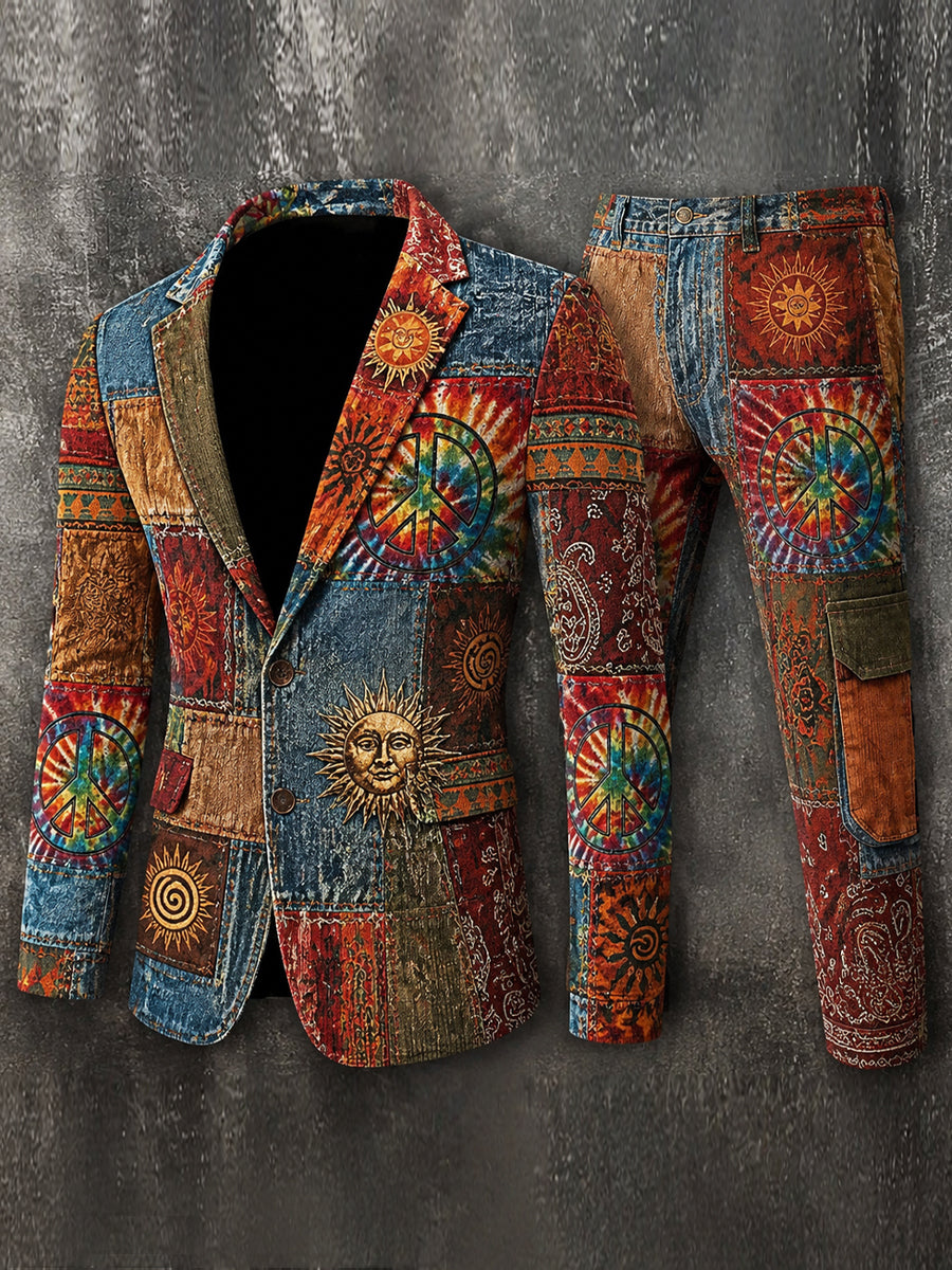 Men's Retro Style Art Print Casual Jacket Trousers Two-Piece Suits