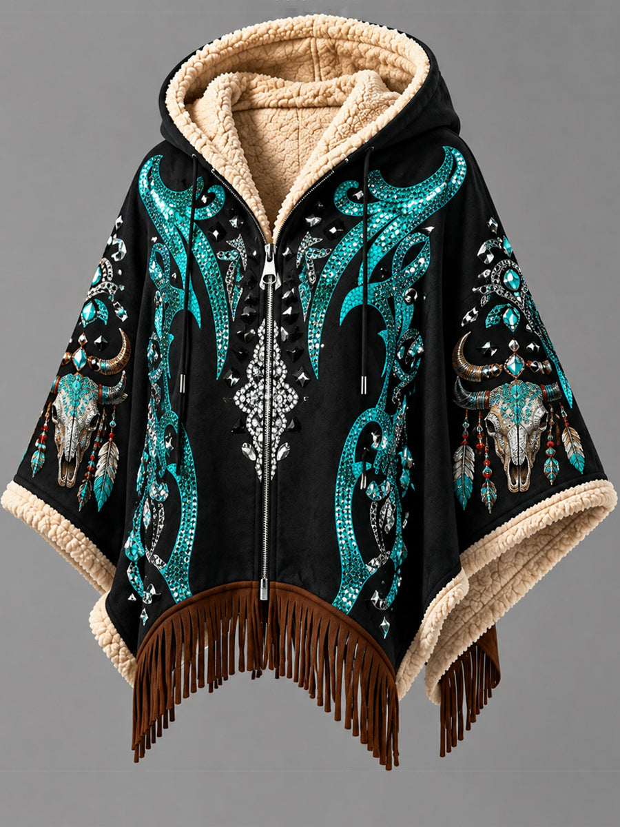 Women's Fall Winter Vintage Art Fleece-Lined Hooded Fringe Poncho