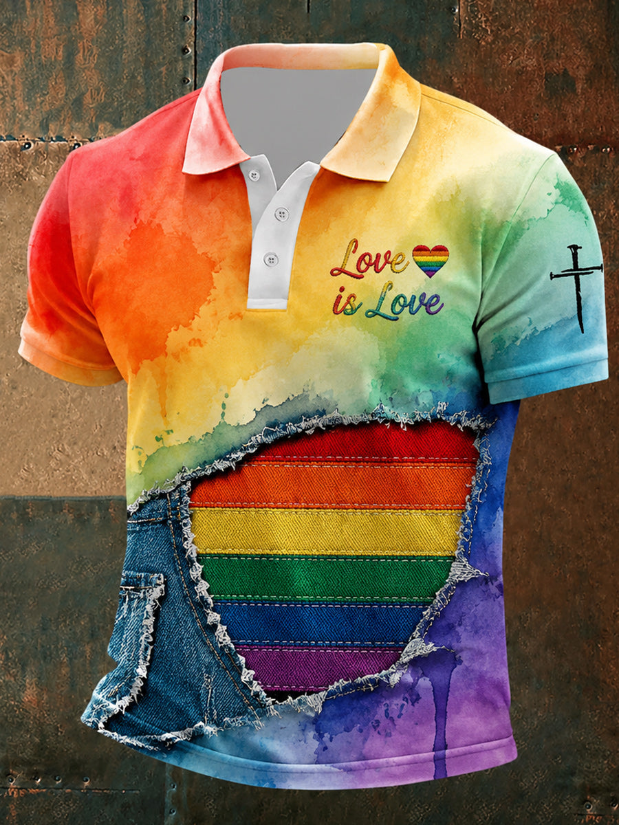 Retro Pride Month Rainbow Art Printed Retro Round Neck Short Sleeves Polo-Shirt