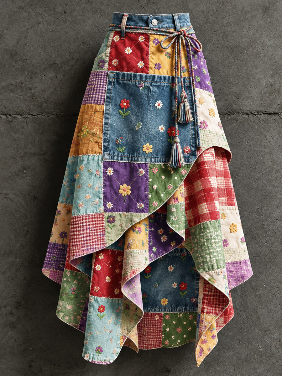 Women's Retro Style Art Print Irregularly Layered Stitched Skirt
