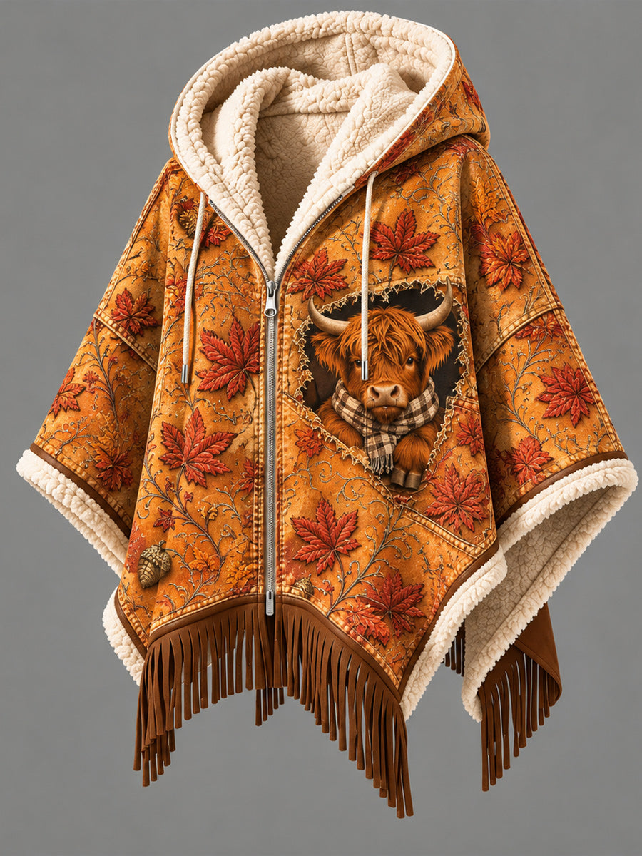 Women's Fall Winter Vintage Art Fleece-Lined Hooded Fringe Poncho